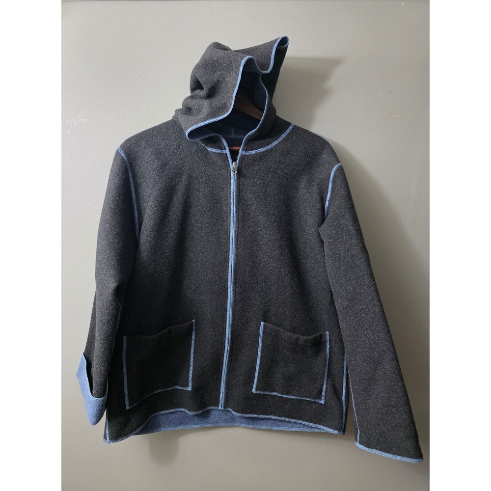 Unbranded Wool Feel Full Zip Hooded Jacket Charcoal Grey Blue Contrast Stitch L